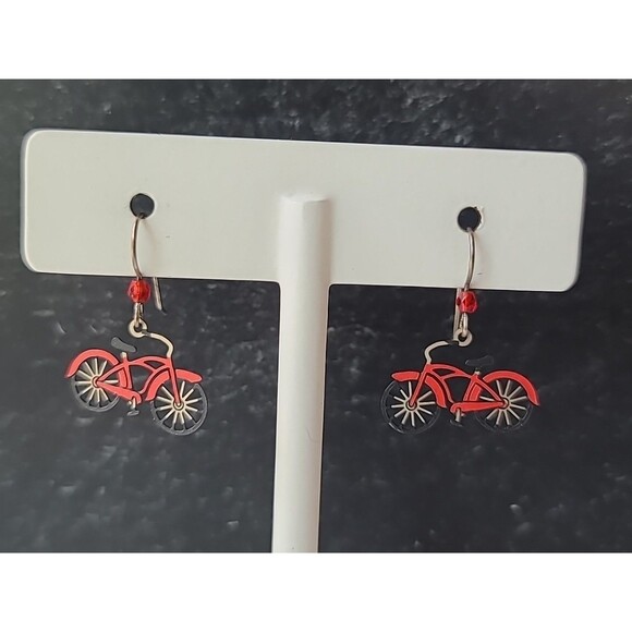 925 Sterling Silver Hook Red Bicycle Shaped Dangling Pierced Plastic Earrings - Picture 3 of 10